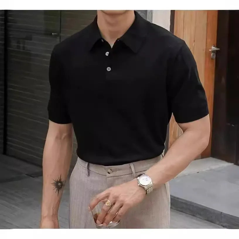 Men's knitted polo collar short sleeve shirt in Ice Silk cotton blend summer top