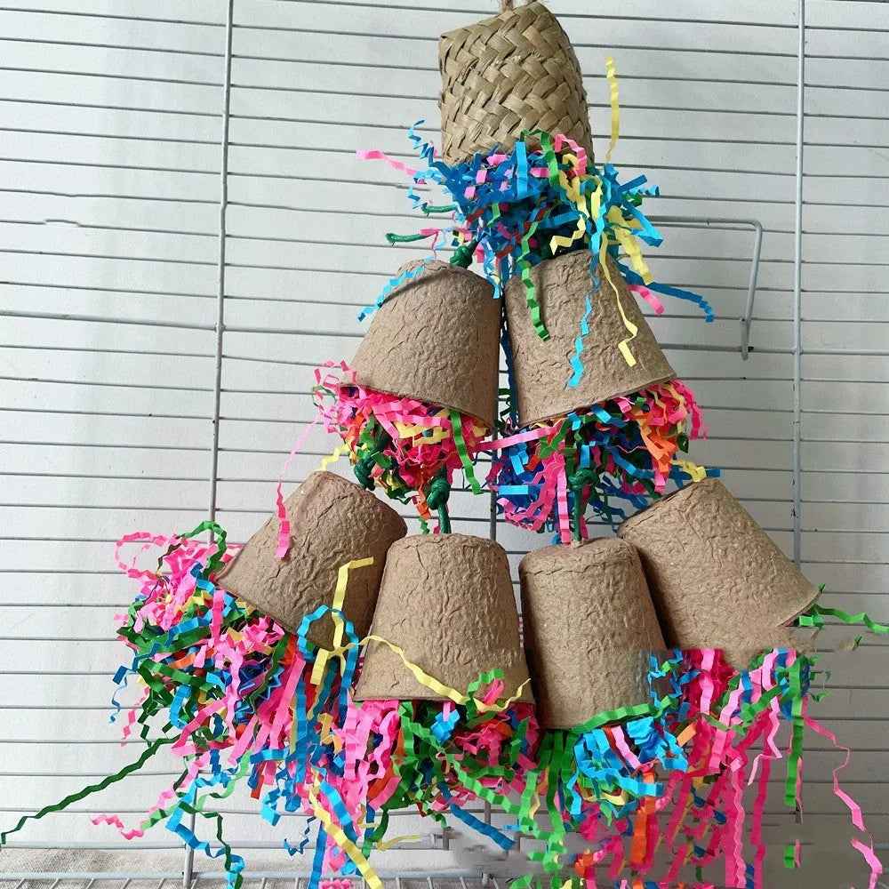 Natural palm parrot chewing toy with paper cup design hanging at 38cm length