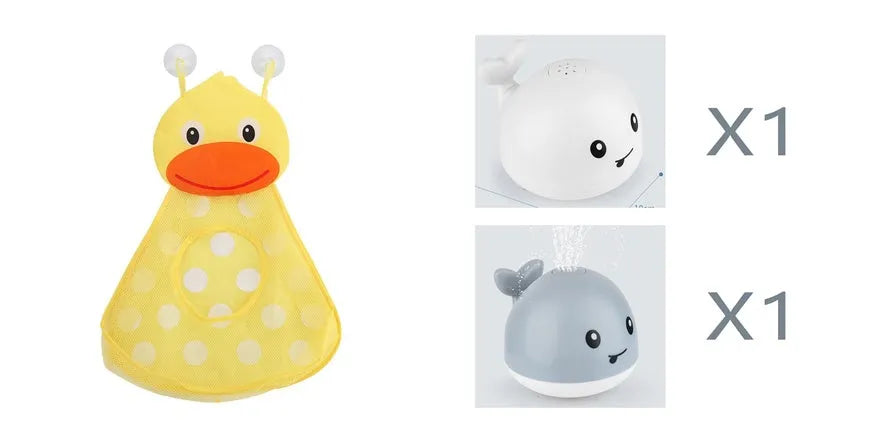 Automatic water spray whale bath toy floating in water with fountain and LED lights