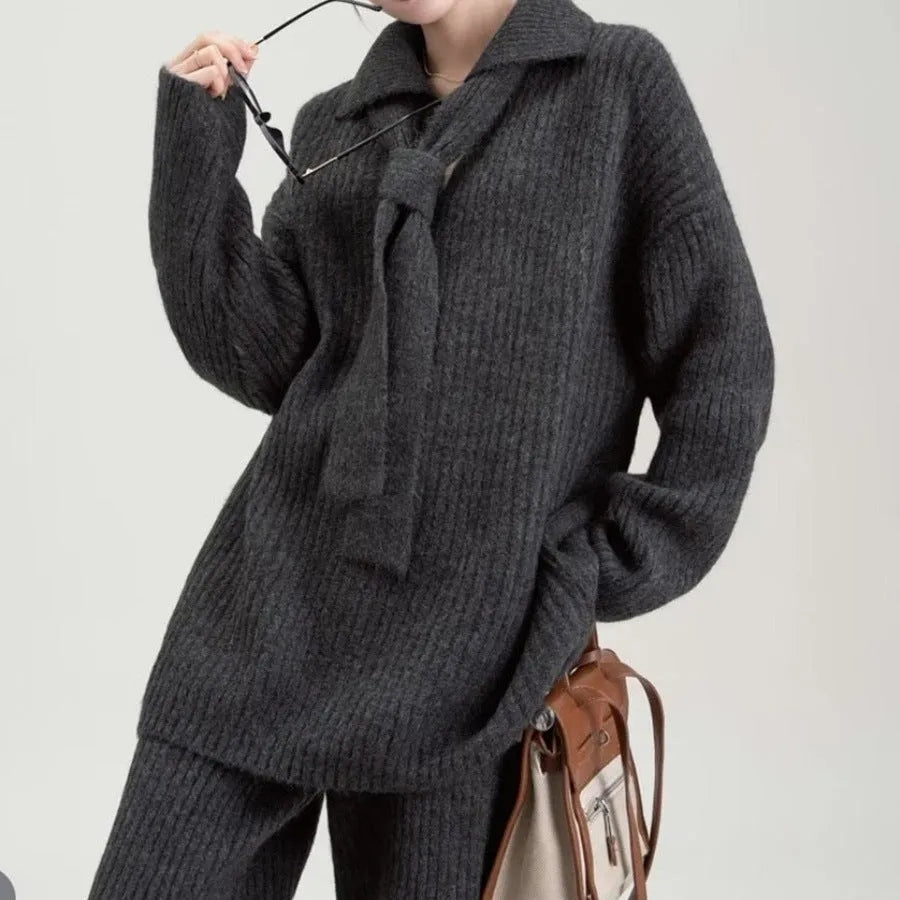 Sweater suit two-piece set in acrylic imitation cashmere fabric with long sleeves and trouser bottoms