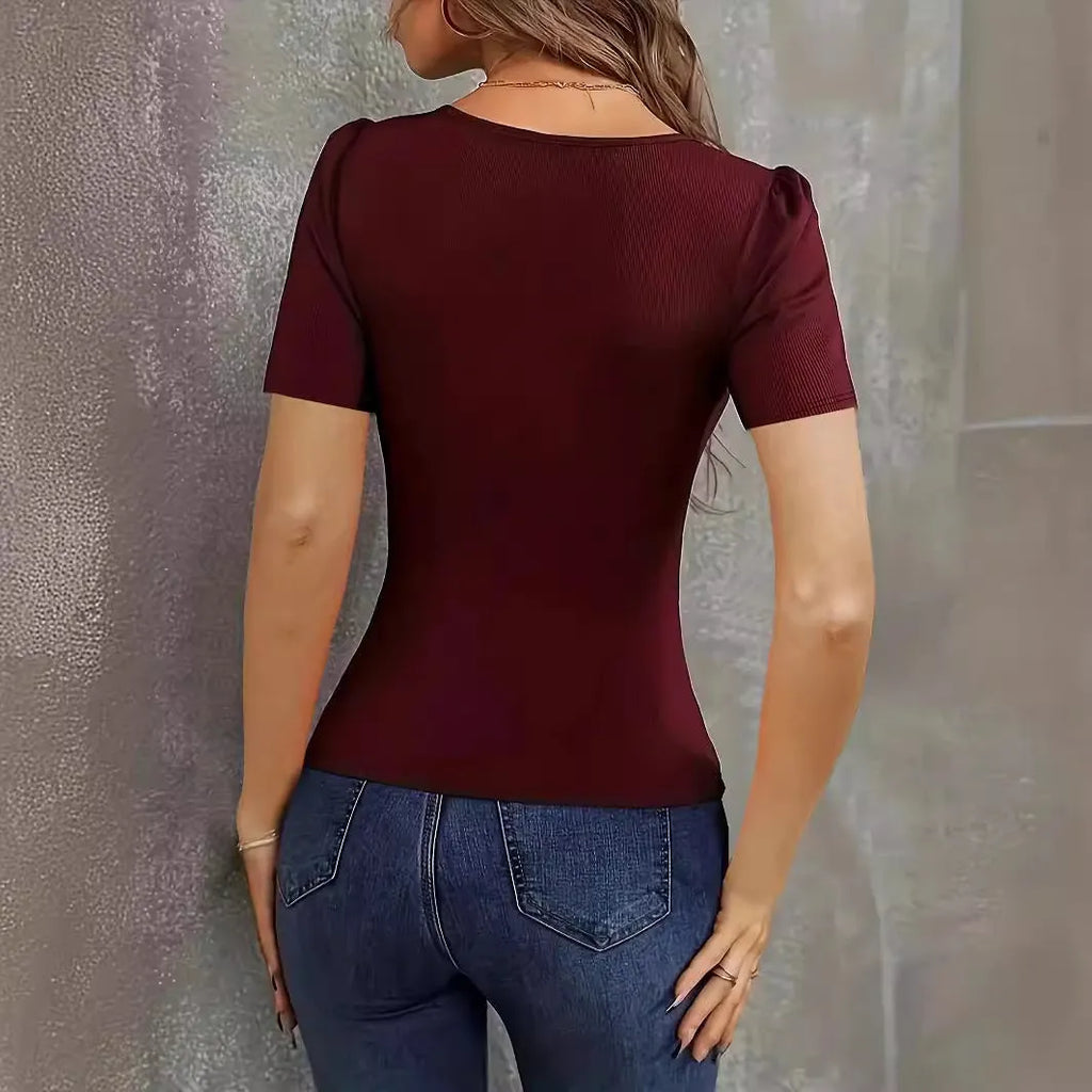 Women's slim fit knitted short sleeve top in wine red with low neckline