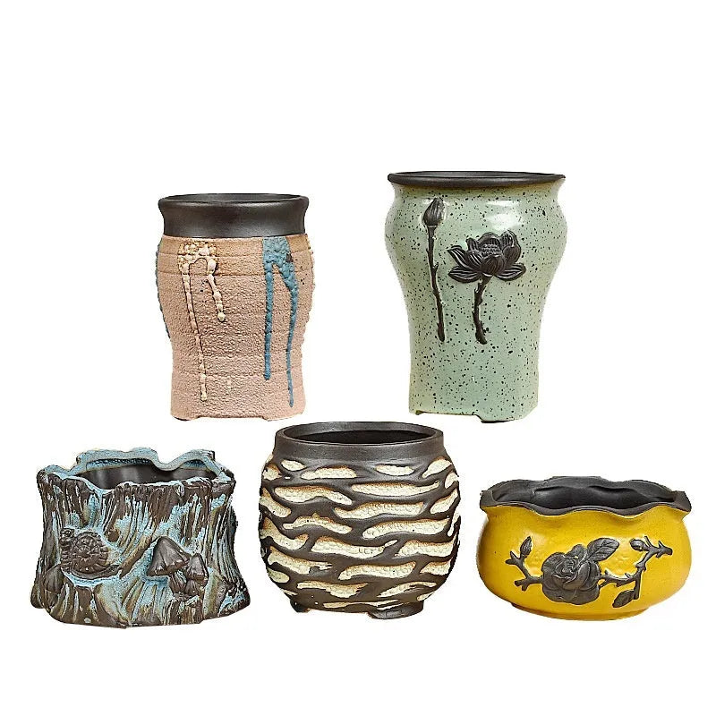 Pair of ceramic stoneware succulent plant pots 14cm height with two different calibers