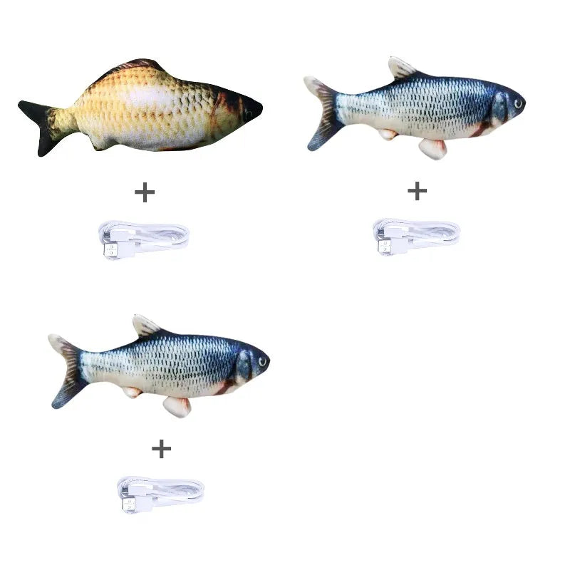 Multicolor USB rechargeable electric jumping fish cat toy measuring 30cm long