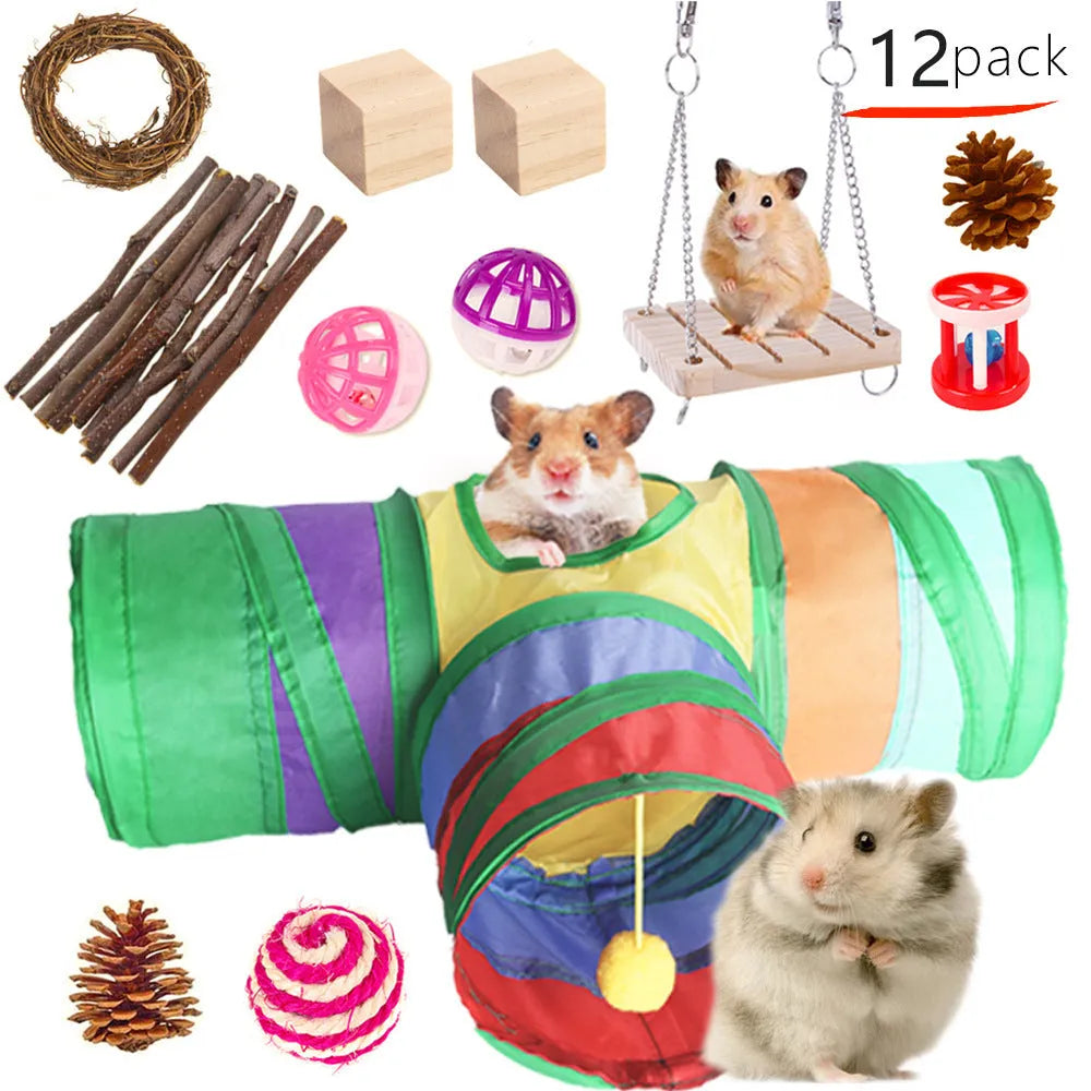 Assorted wooden chew toys for small pets including balls and mats on a natural background