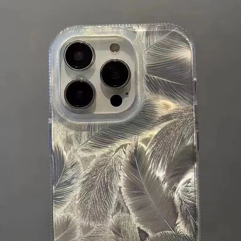 Silver gray gradient feather pattern TPU phone case with three-dimensional relief for iPhone 14 Pro Max half pack style