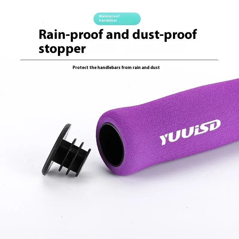Mountain bike sponge handlebar grip covers in black, purple and biange colours showing soft material and lock-on design