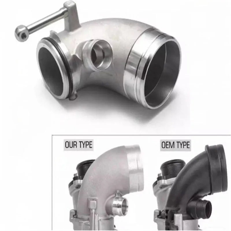 Modified plus-sized 90 degree automotive turbine pipe in aluminium alloy for lateral engine positioning