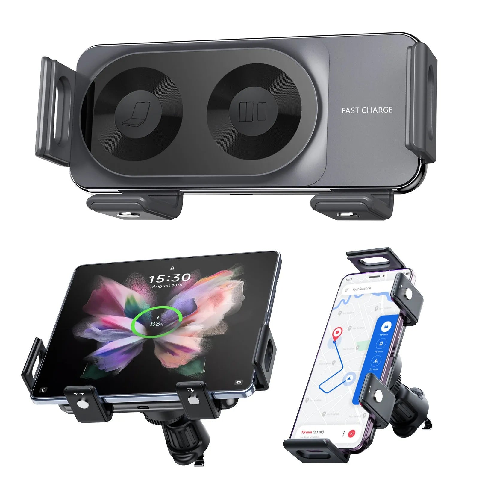 New car wireless charger mobile phone holder in alloy, universal style with 360-degree rotation