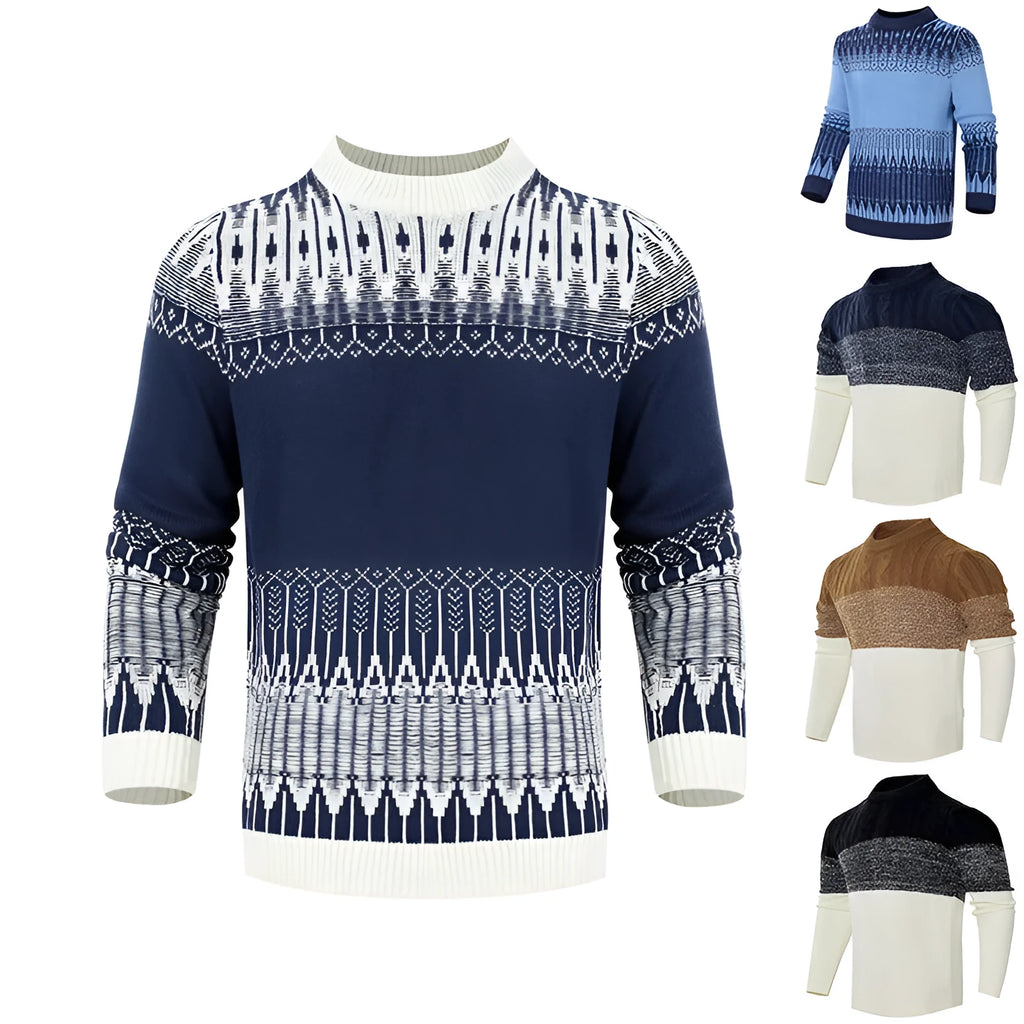 Men's grey cable-knit long sleeve pullover sweater on a hanger