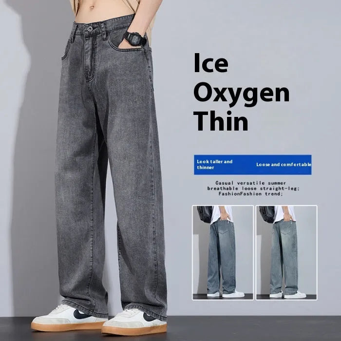 Straight leg casual trousers in denim ice silk fabric with wide leg cut