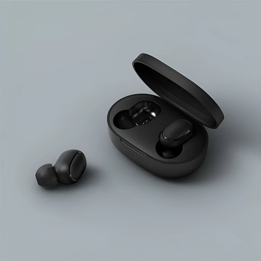Black Redmi AirDots 2 true wireless earbuds and charging case on a white background