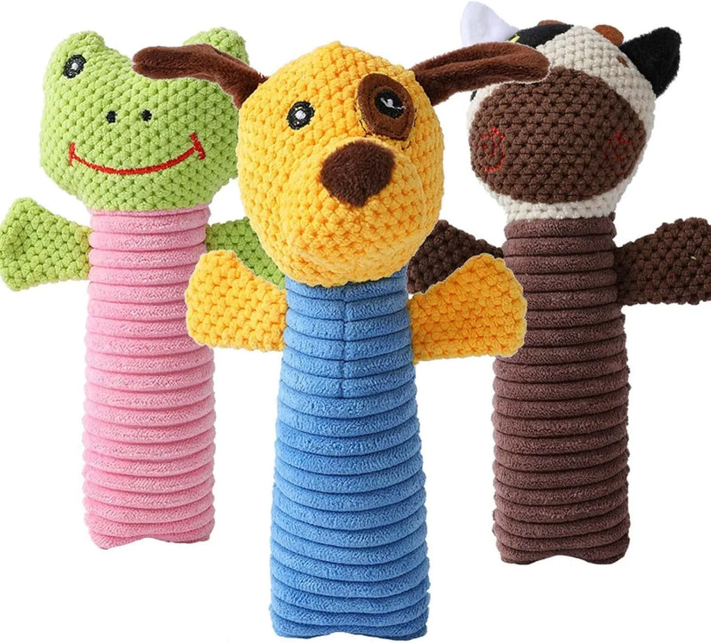 Soft plush squeaky dog chew toy in animal shape for dental care and play.