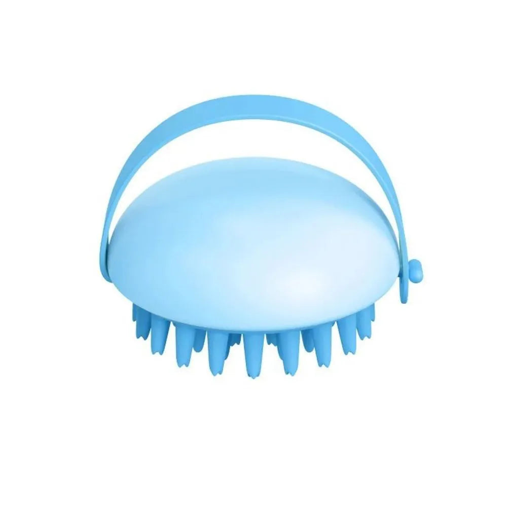 Pet silicone bathing brush for cats and dogs, available in blue, pink, white, and yellow