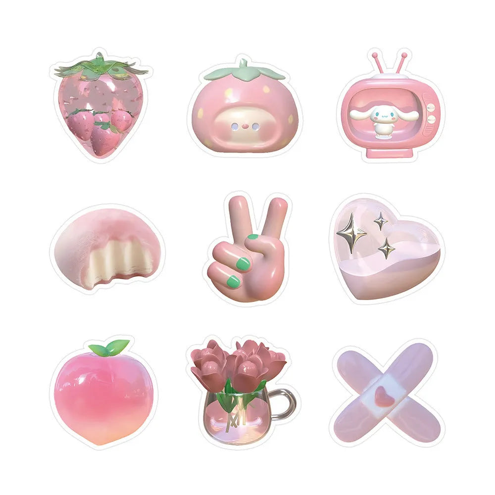 Pink girl heart decorative stickers with realistic 3D appearance in cute style, 63 pieces per pack