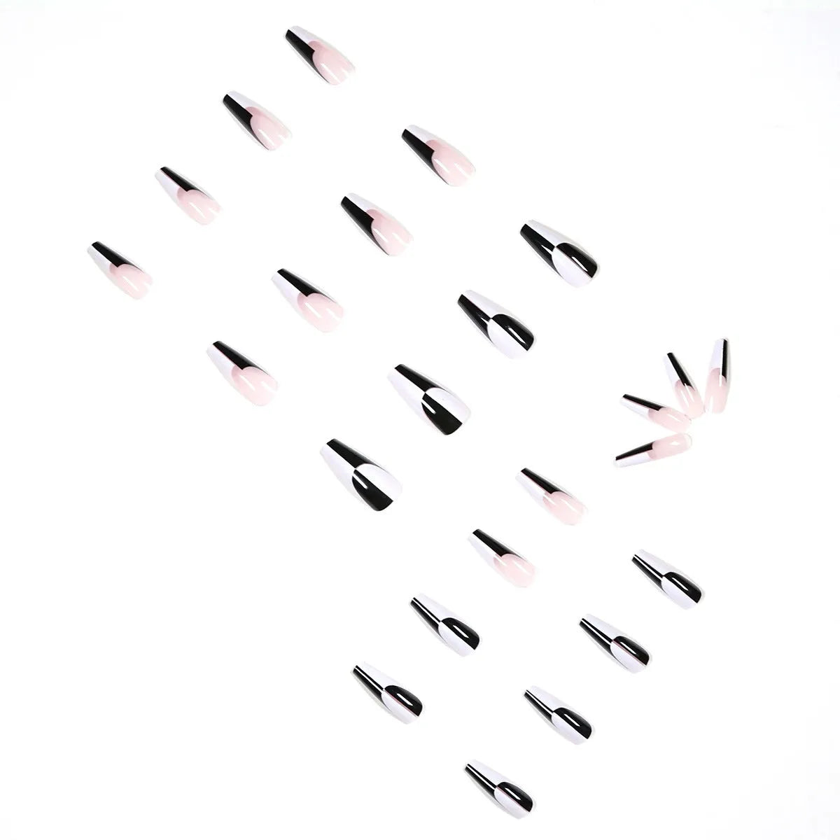 24 long removable nail tips in simple black and white colour matching design JP1199 on a white background
