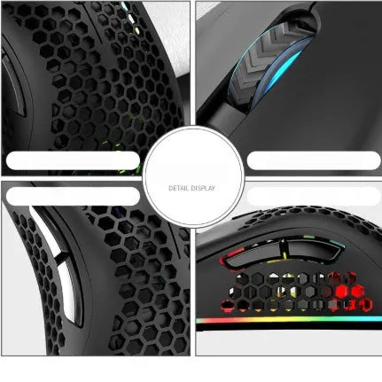 Hollow-out wireless gaming mouse with luminous charging feature in cyan colour.