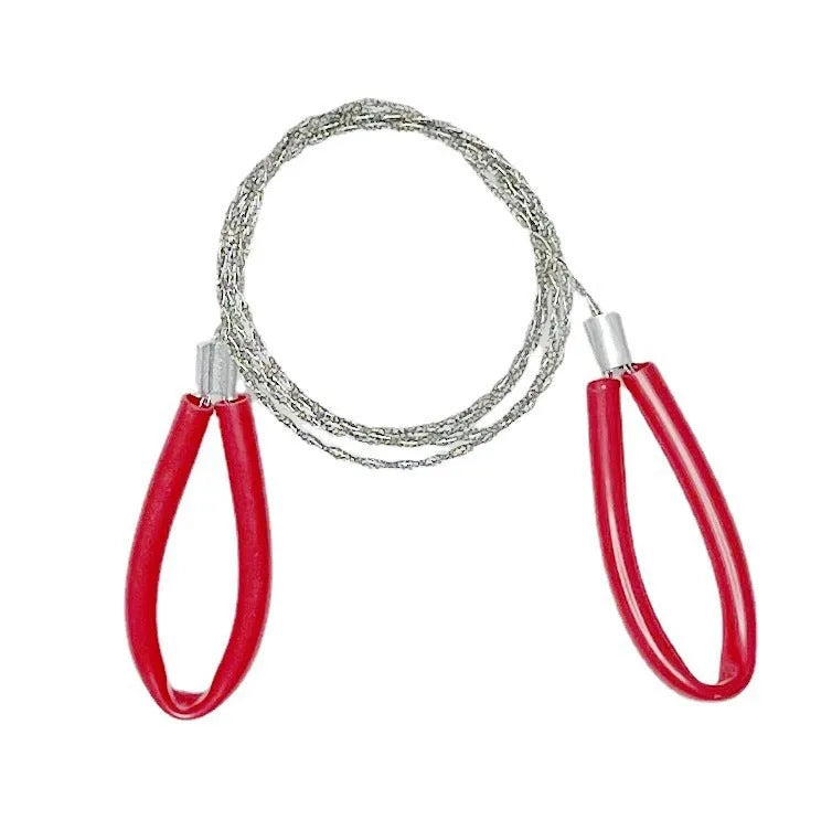 Black and red stainless steel survival wire saw with leather hand case, length 75cm