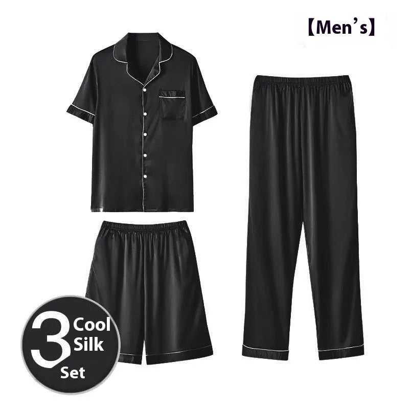 Men's ice silk three-piece home wear set showing shorts and trousers in a choice of colours.