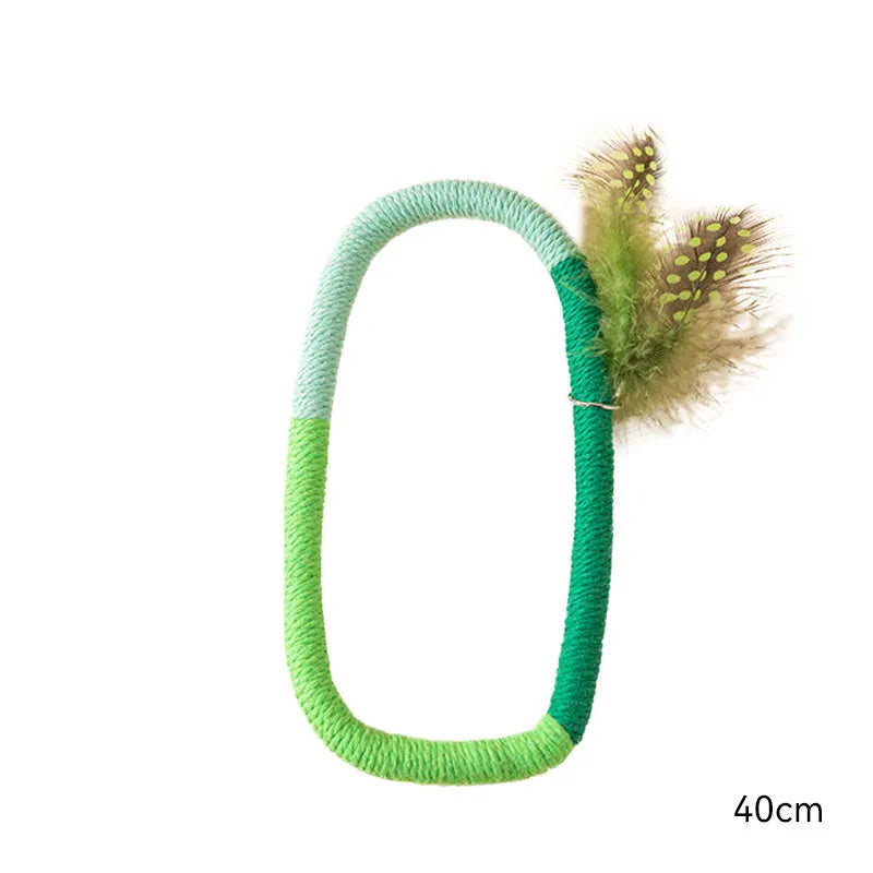 Green cotton rope circular cat toy with feathers and catnip for chewing and interactive play