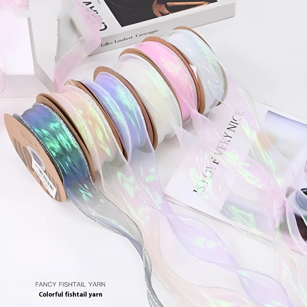 Fishtail yarn mesh ribbon with wave edge cutting in multiple colours for craft and floral decoration