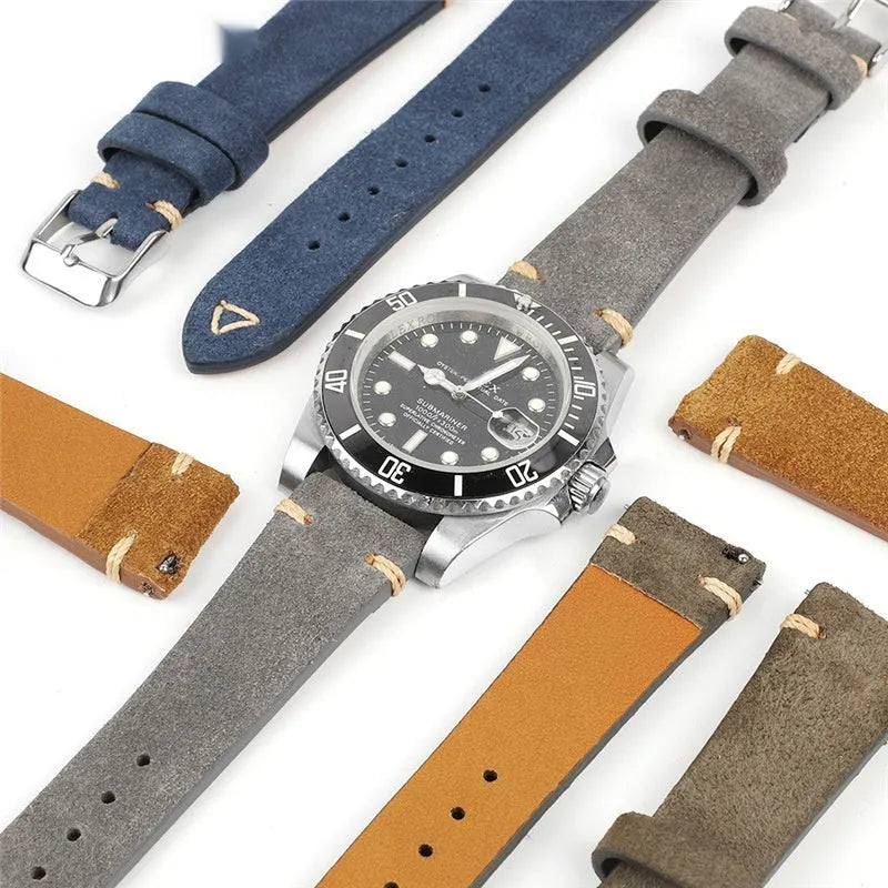 Small waist genuine suede leather watch strap showing brown, blue, gray and army green colour options