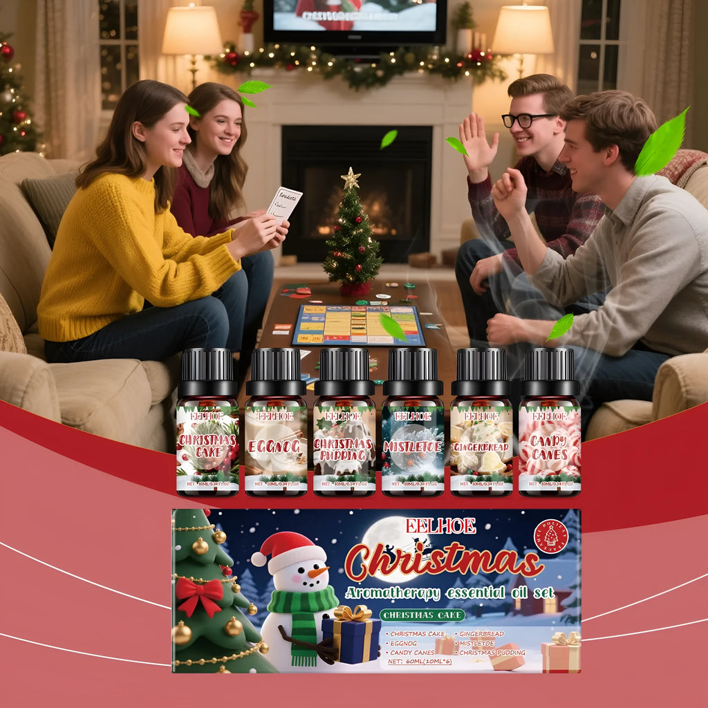 Christmas aromatherapy oil set showing six 60ml bottles for holiday home fragrance