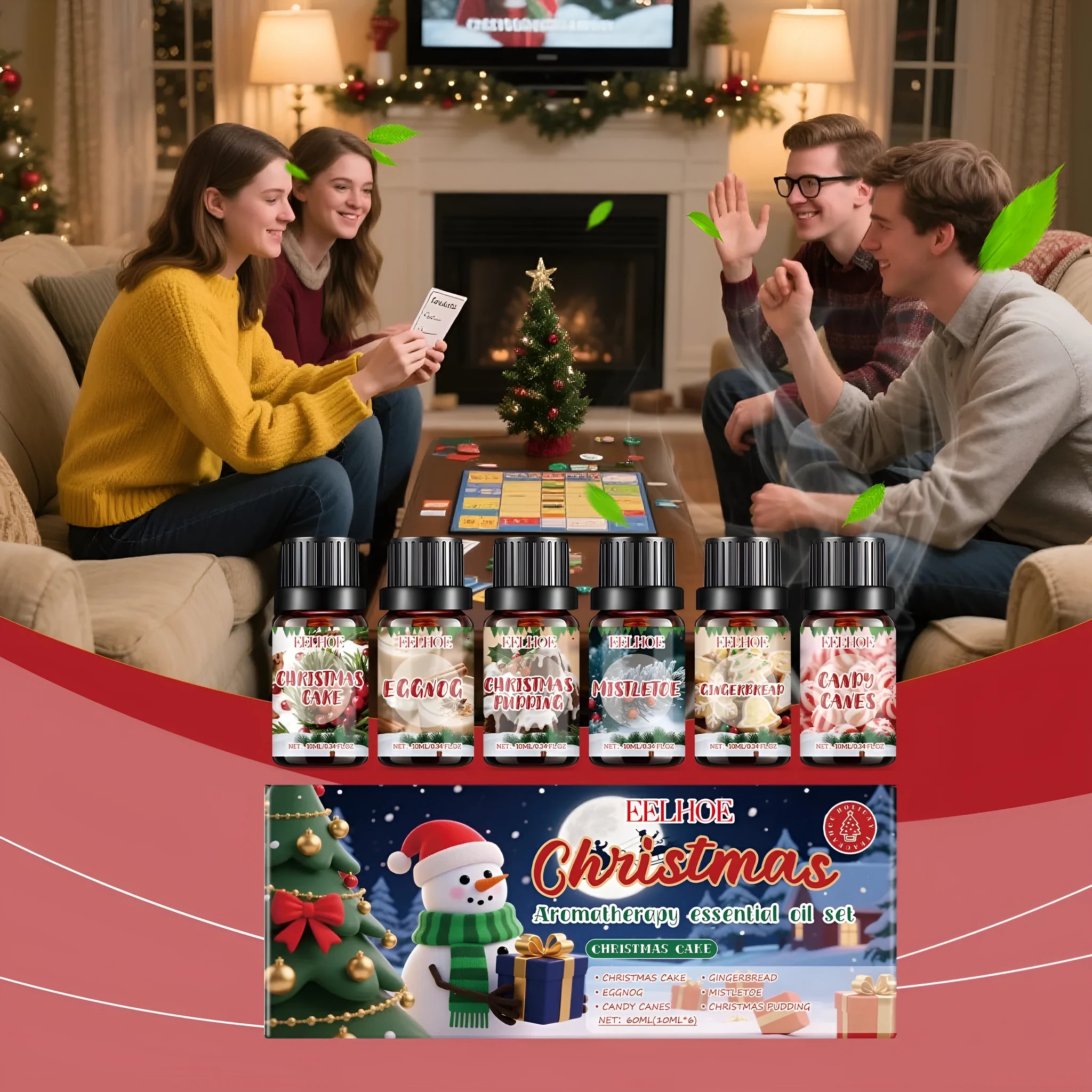 Christmas aromatherapy oil set showing six 60ml bottles for holiday home fragrance