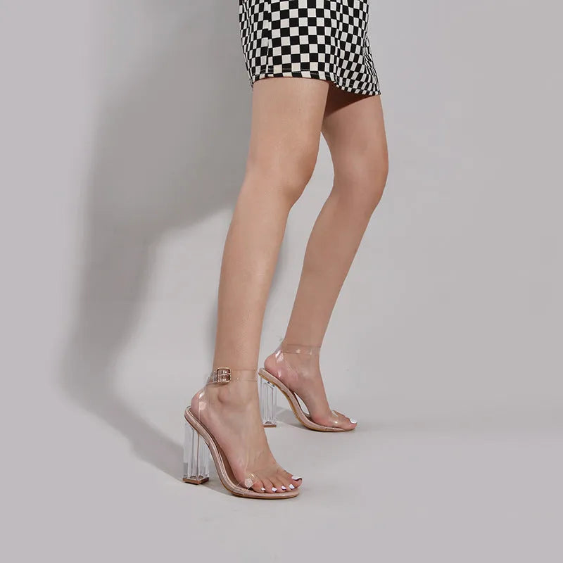 Women's apricot glass heel sandals with clear PVC upper and buckle fastening