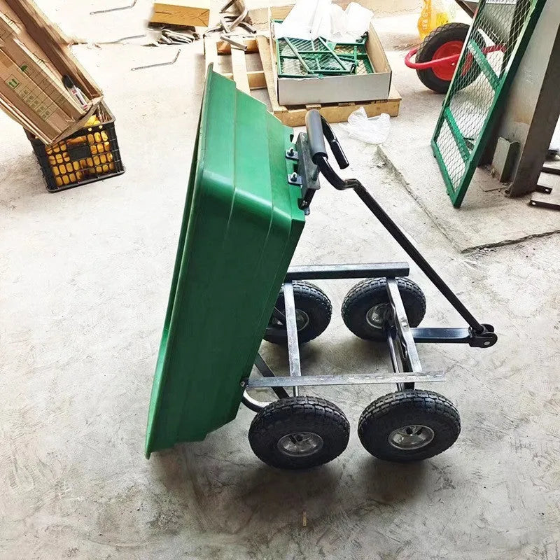 Green four-wheel plastic dumptruck for garden and agricultural use, model TC2145.