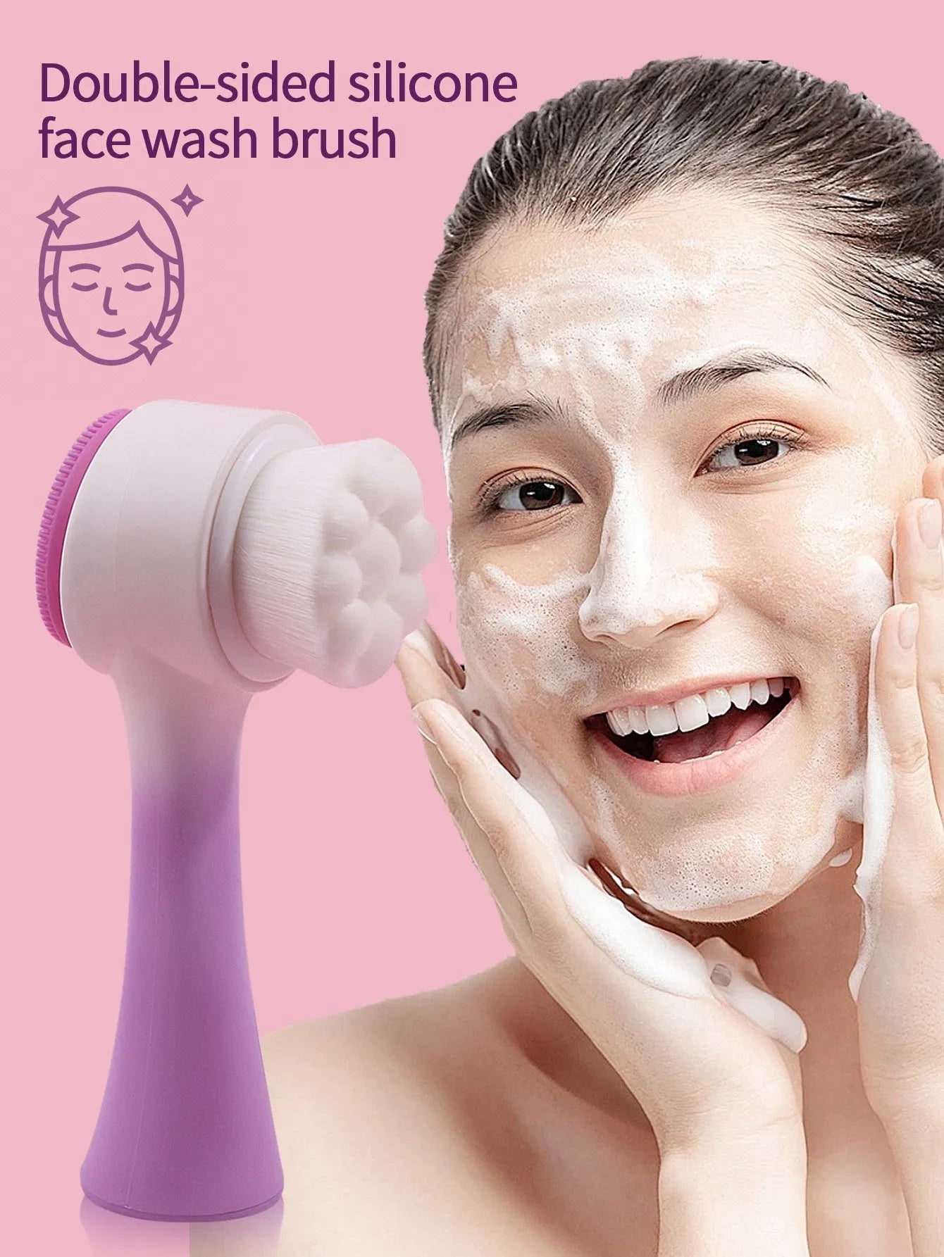 Facial brush with plastic handle and nylon bristles alongside coral fleece absorbent hair band in purple colour