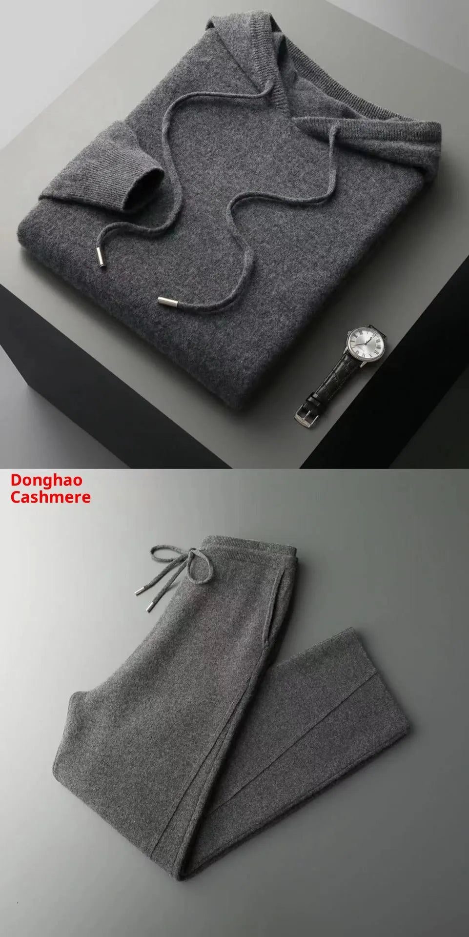 Men's casual two-piece set: seamless wool hoodie with drawstring and matching pants in black, dark gray, and light gray