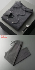 Men's casual two-piece set: seamless wool hoodie with drawstring and matching pants in black, dark gray, and light gray
