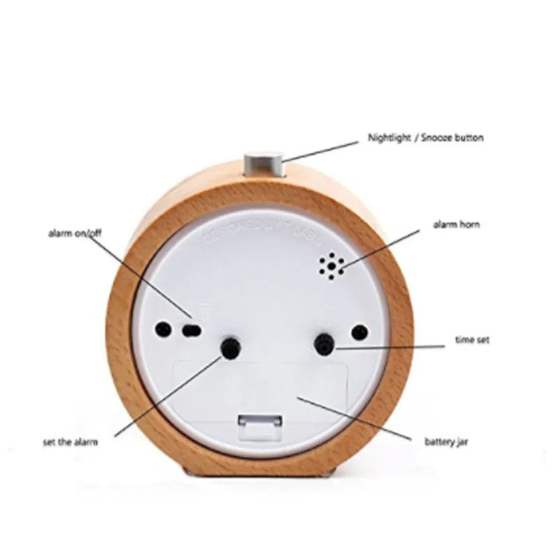 Solid beech wood analogue alarm clock showing silent movement and 9.5cm size.