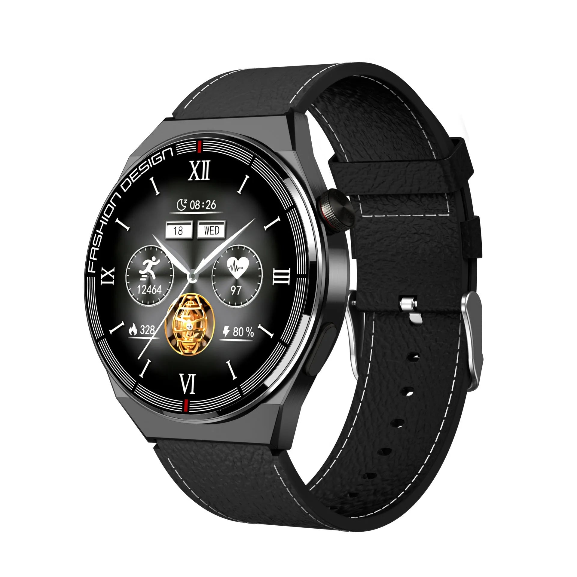 Smartwatch with black case and silicone strap showing Bluetooth calling and health monitoring features