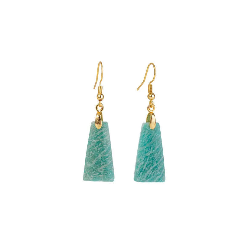 Geometric trapezoid earrings with amazonite rough stone in gold finish