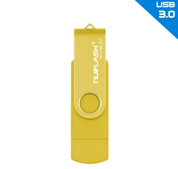 OTG 64GB USB 3.0 flash drive in yellow with rod shape and black cap for data storage and transfer