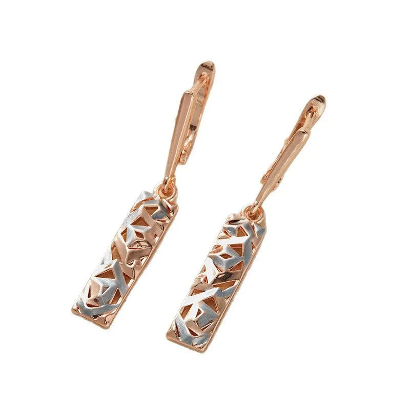 Rectangular two-tone hollow stud earrings with geometric shape and electroplated finish