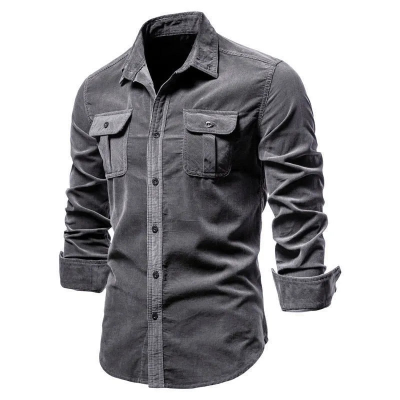 Men's casual linen longsleeve shirt shown in multiple colour options with size label