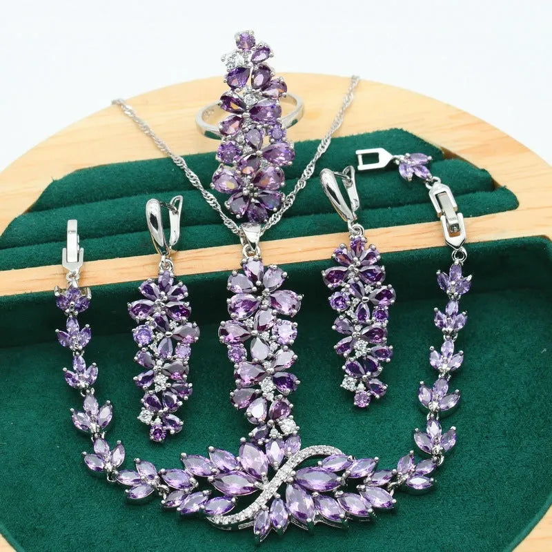 Retro alloy copper inlaid zircon jewellery set with plant and flower pattern in olive purple and colourful