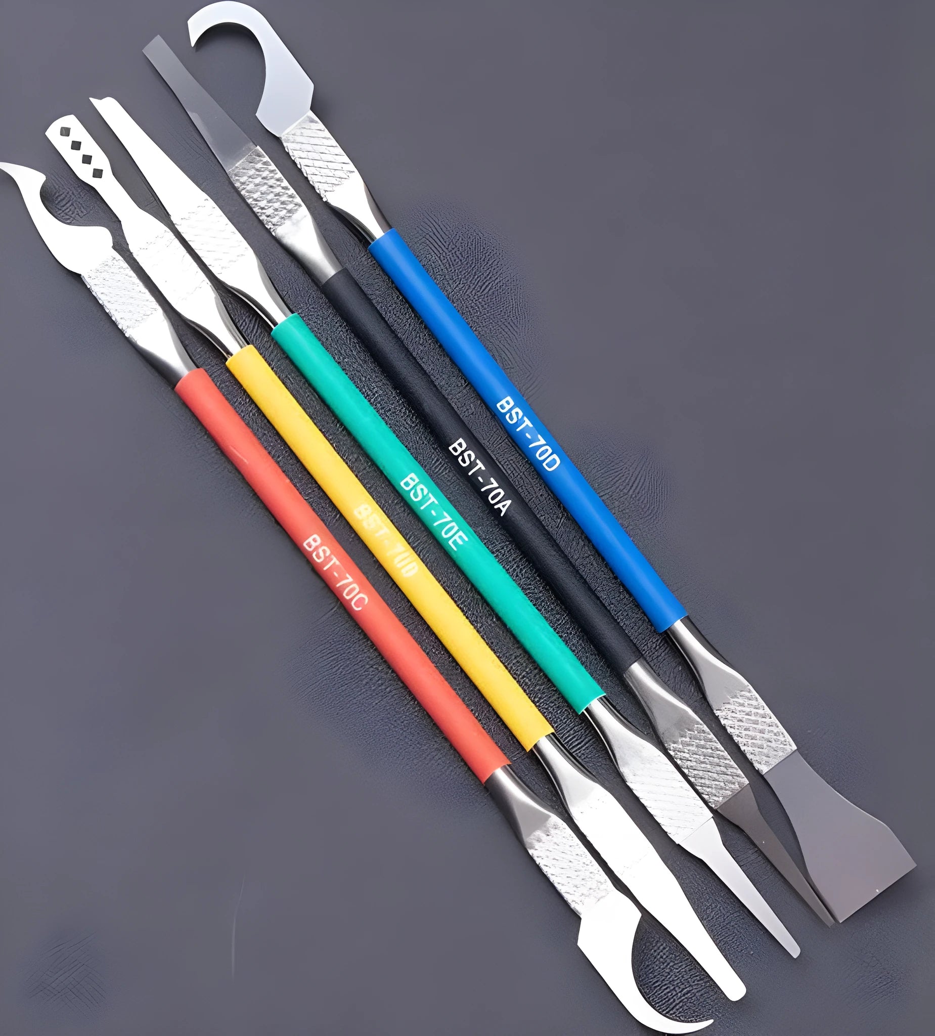 Five stainless steel crowbar disassembling tool knives for prying and removal.