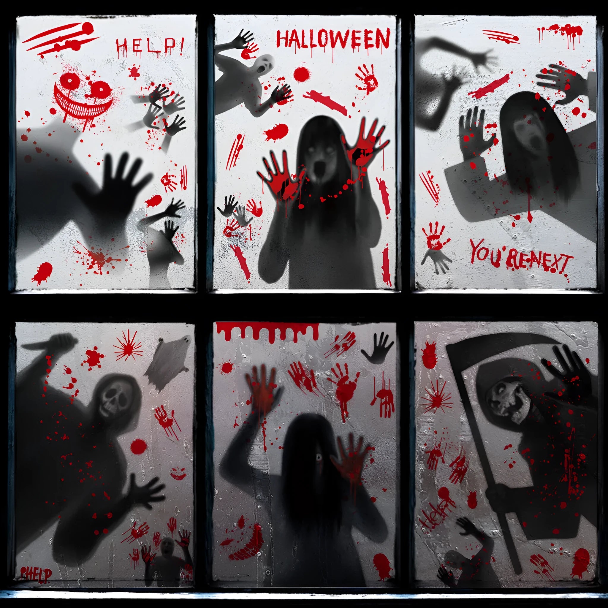 American-style PVC Halloween electrostatic window sticker set with female ghost skull design in 6 colour combinations