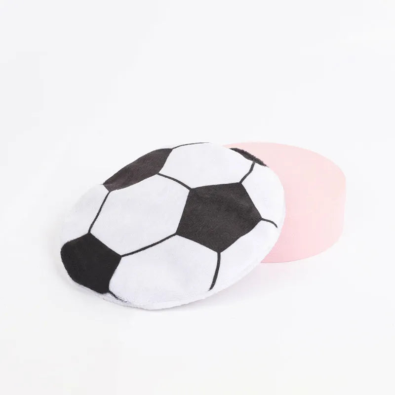 Soft plush cat flying disc toy with sports ball pattern, containing catnip and crinkle material.