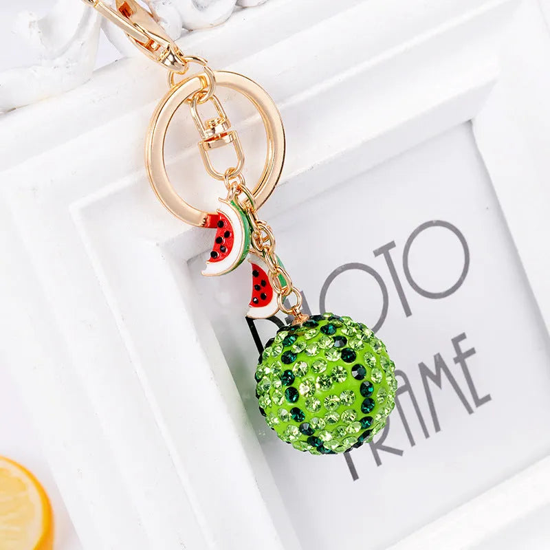 Green watermelon fruit keychain made from zinc alloy measuring 12cm in length