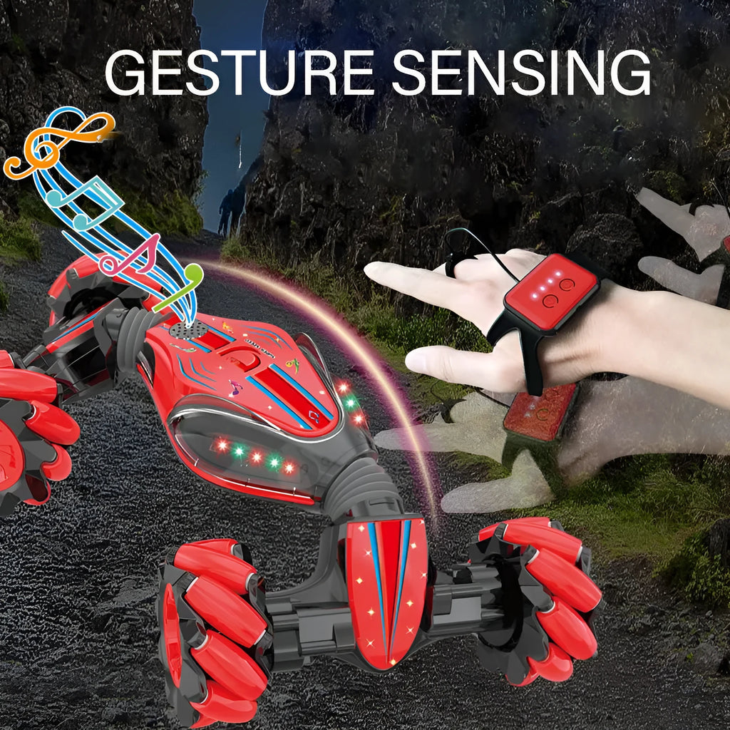 Gesture sensing remote control twisting car in blue with drift light music features on a flat surface