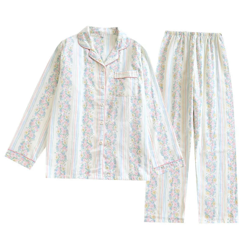 Ladies' cotton double-layer gauze homewear set with long sleeves and trousers in a striped or fruit print pattern.
