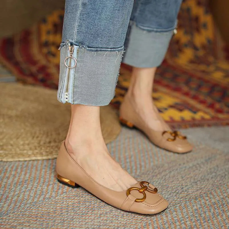 Women's Wanwan Lei style low heel pumps in apricot with square toe and shallow mouth design.
