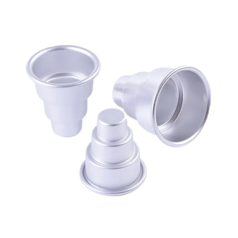 Three aluminium alloy cake moulds in silver finish showing large, medium and small sizes for baking