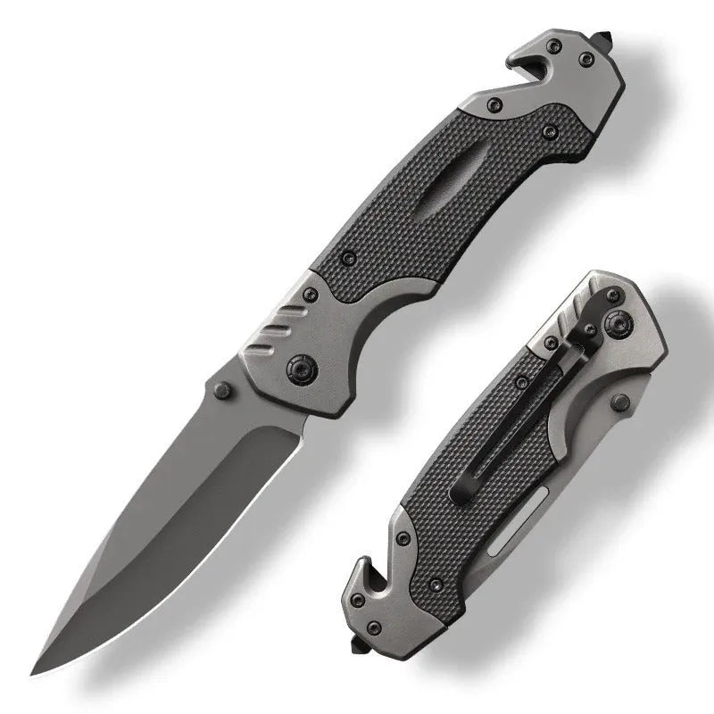 Alloy folding knife with blade extended showing 60-degree tip angle and 115mm handle