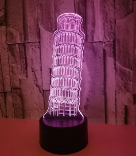 Leaning Tower of Pisa 3D acrylic nightlight with multi-colour LEDs on a black base.