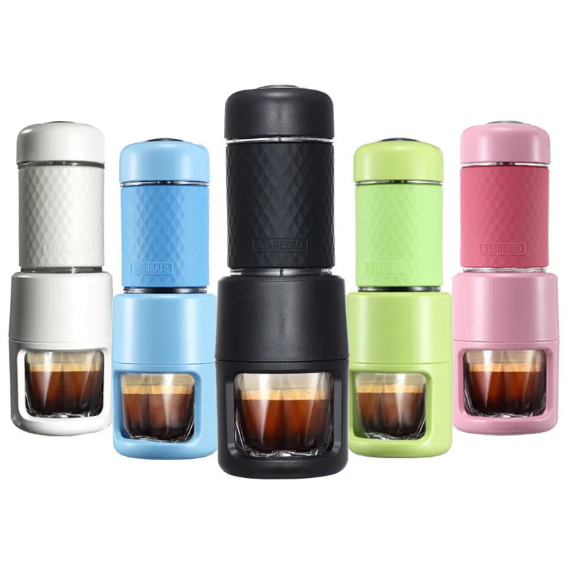 Portable manual espresso coffee machine in stainless steel, 7x7x20.3 cm, available in multiple colours